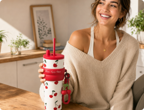 Woman holding a Sidagar Cherry Blossom tumbler